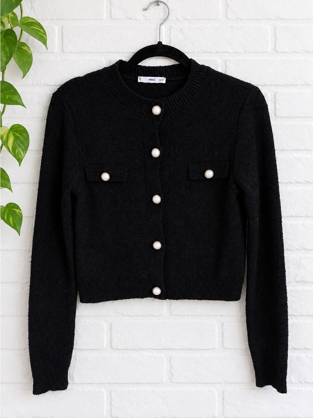 Mango Black Knit Cardigan with Pearl Buttons